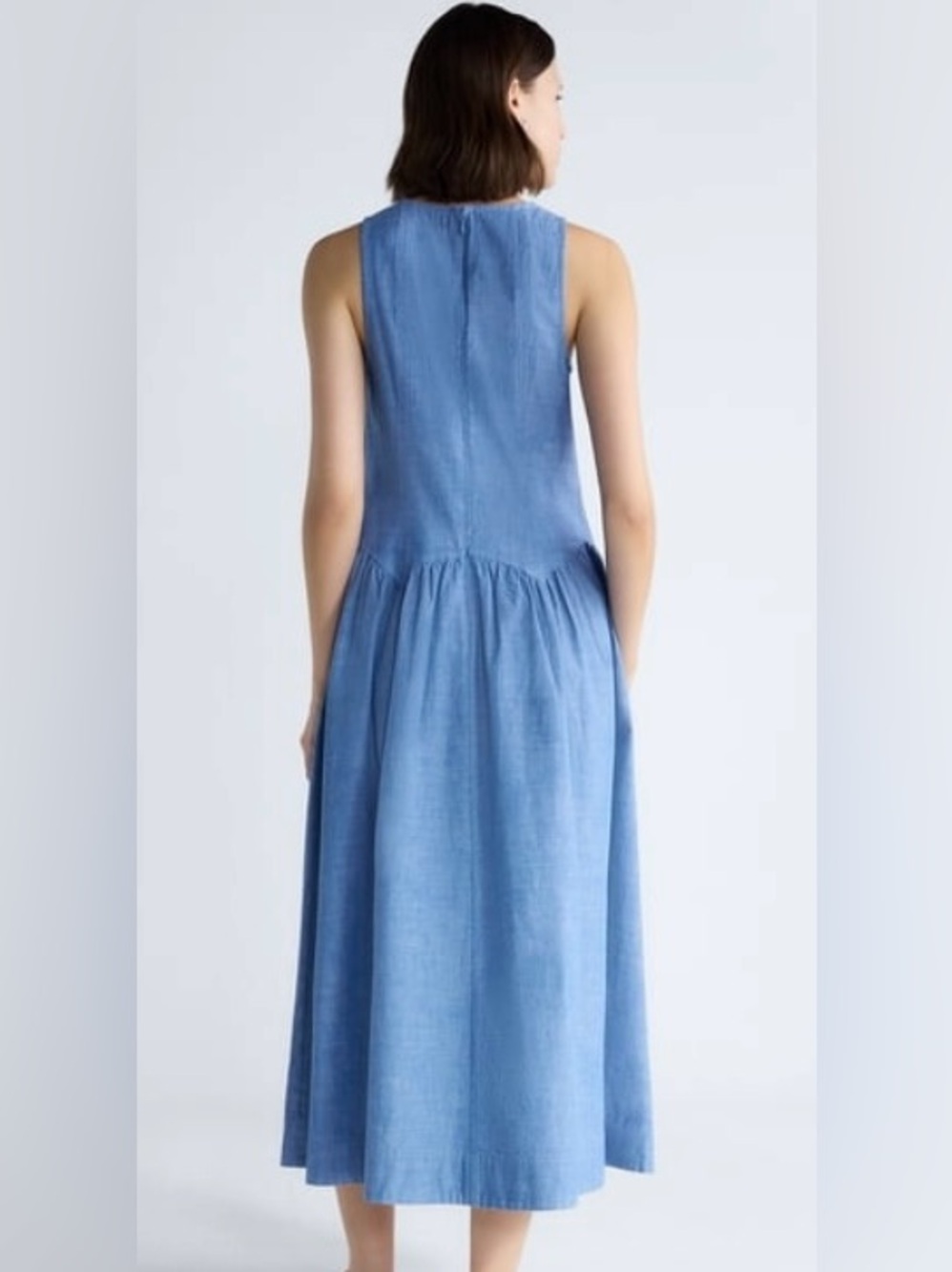 Sleeveless Light Blue Midi Dress with Gathered Waist - Picture 2 of 9